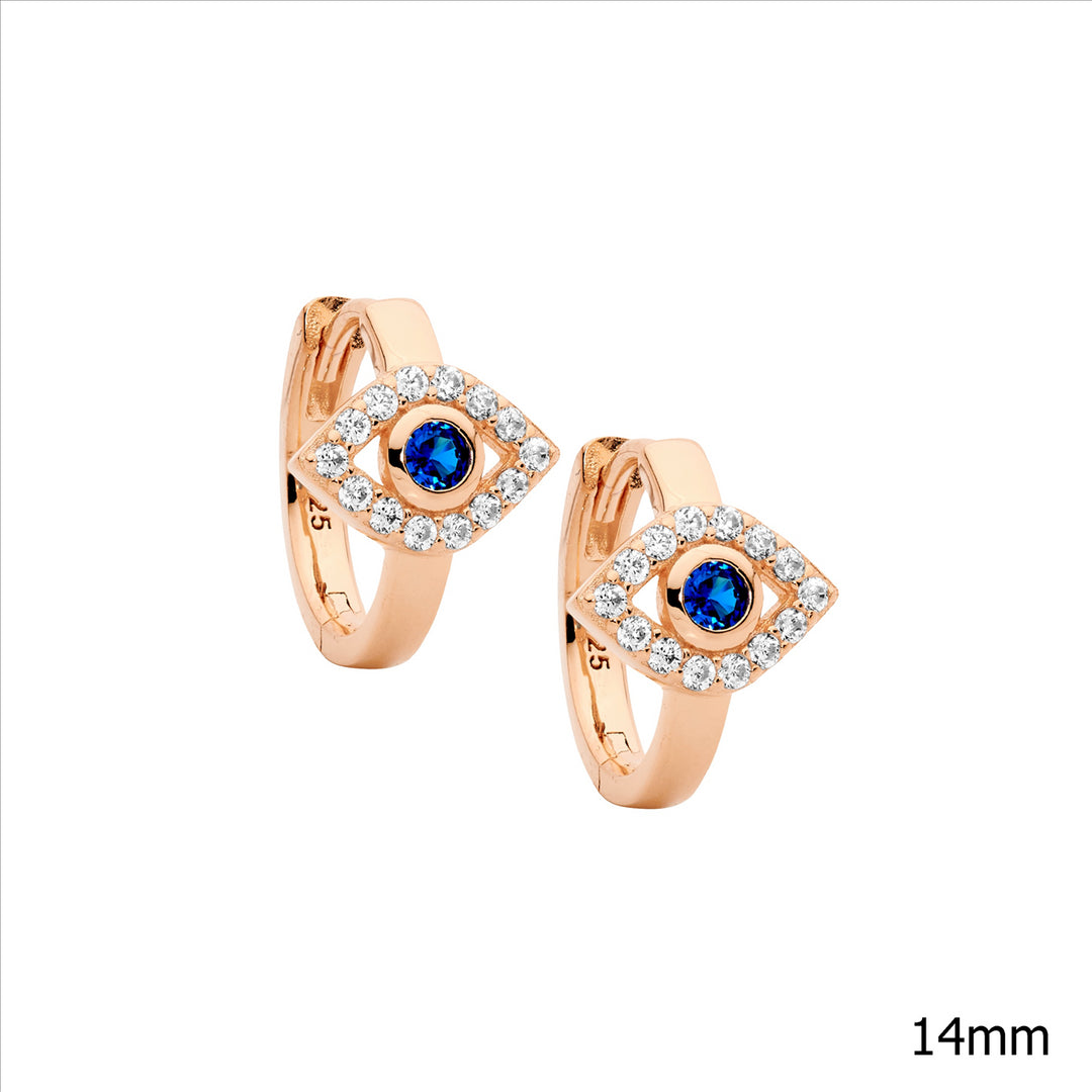 SS wh & blue cz evil eye 14mm hoop earrings w/rose gold plating