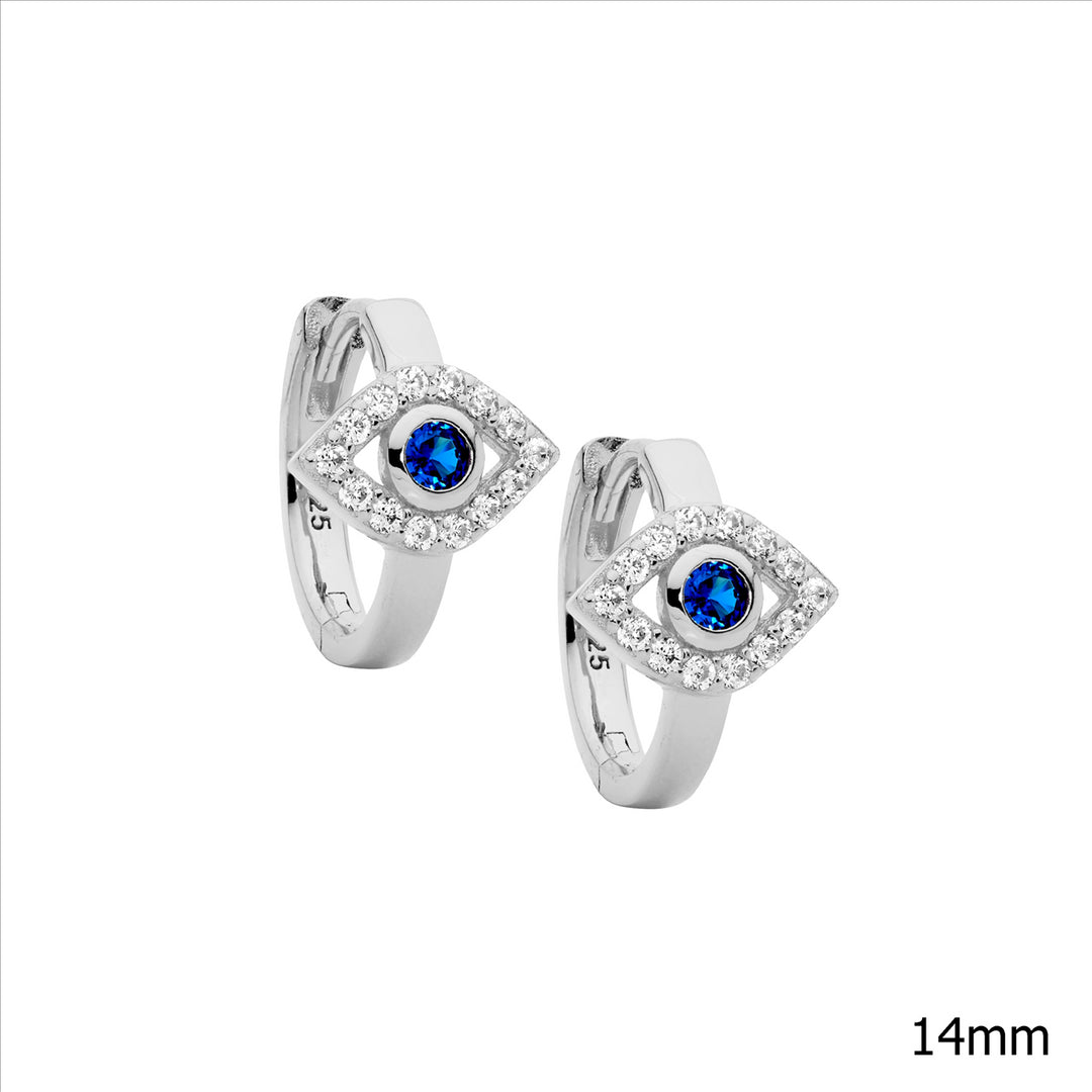 Sterling silver wh & blue cubic zirconia evil eye 14mm hoop earrings