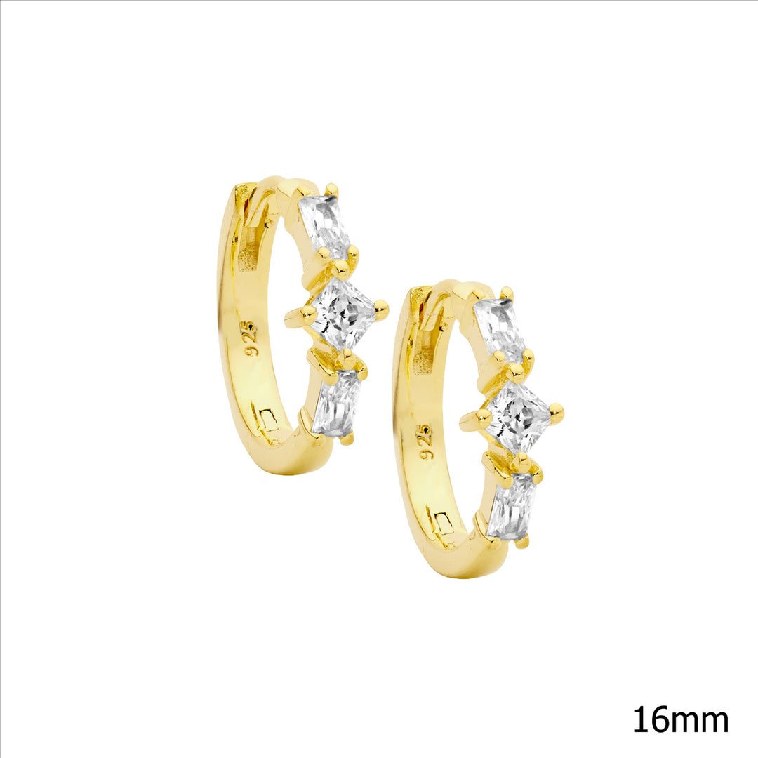 Sterling silver baguette & princess wh cubic zirconia 16mm hoop earrings w/gold plating - rrp $119
