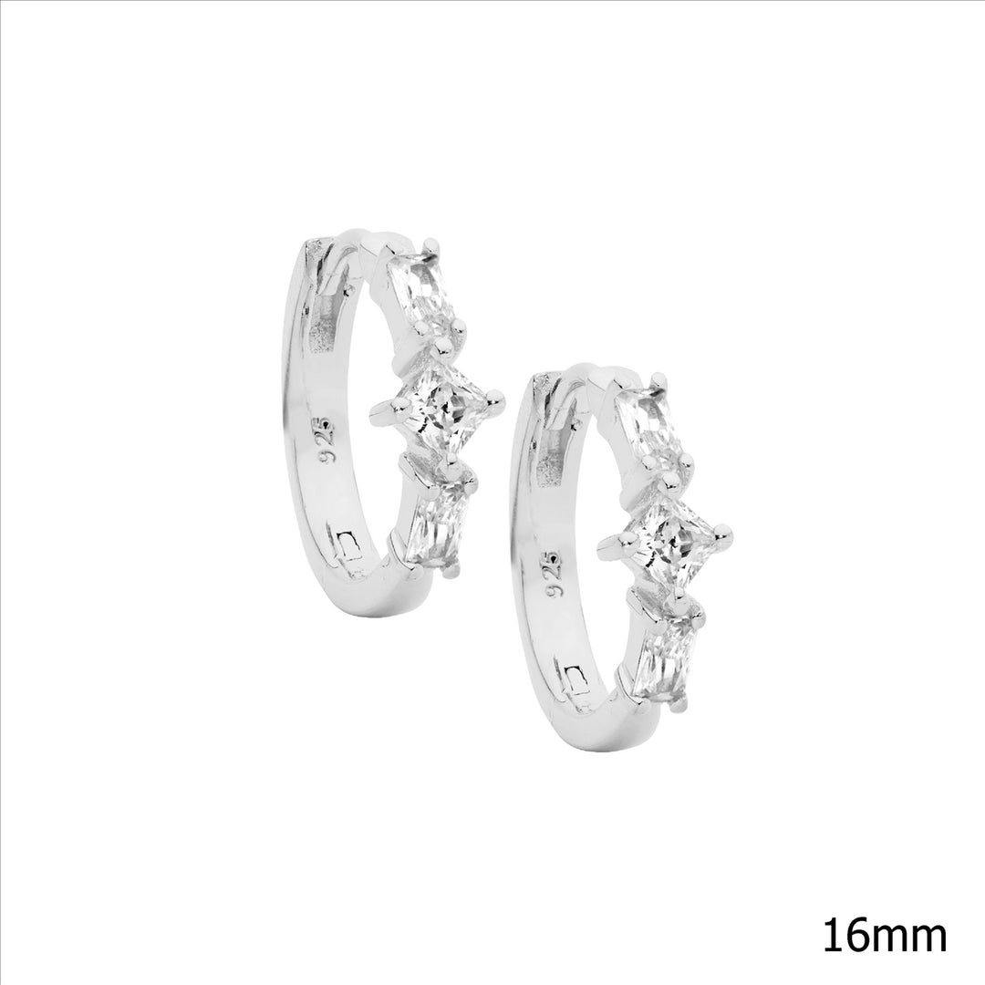 Sterling silver baguette & princess wh cubic zirconia 16mm hoop earrings