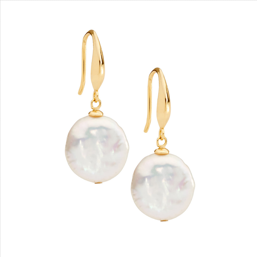 Sterling silver 12mm freshwater coin pearl earrings, sheppards hook w/ gold plating