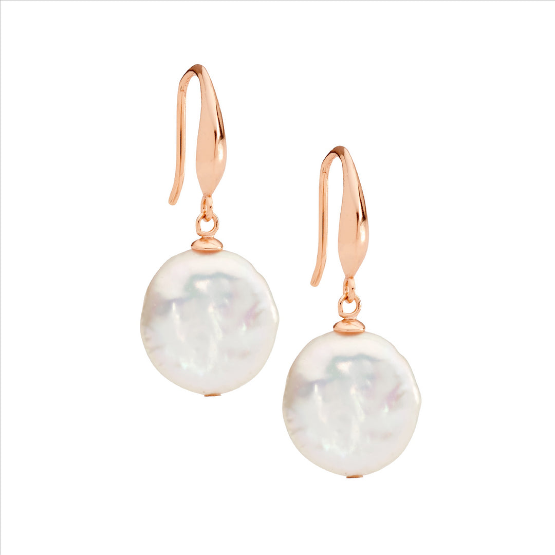 Sterling silver 12mm freshwater coin pearl earrings, sheppards hook w/rose gold plating