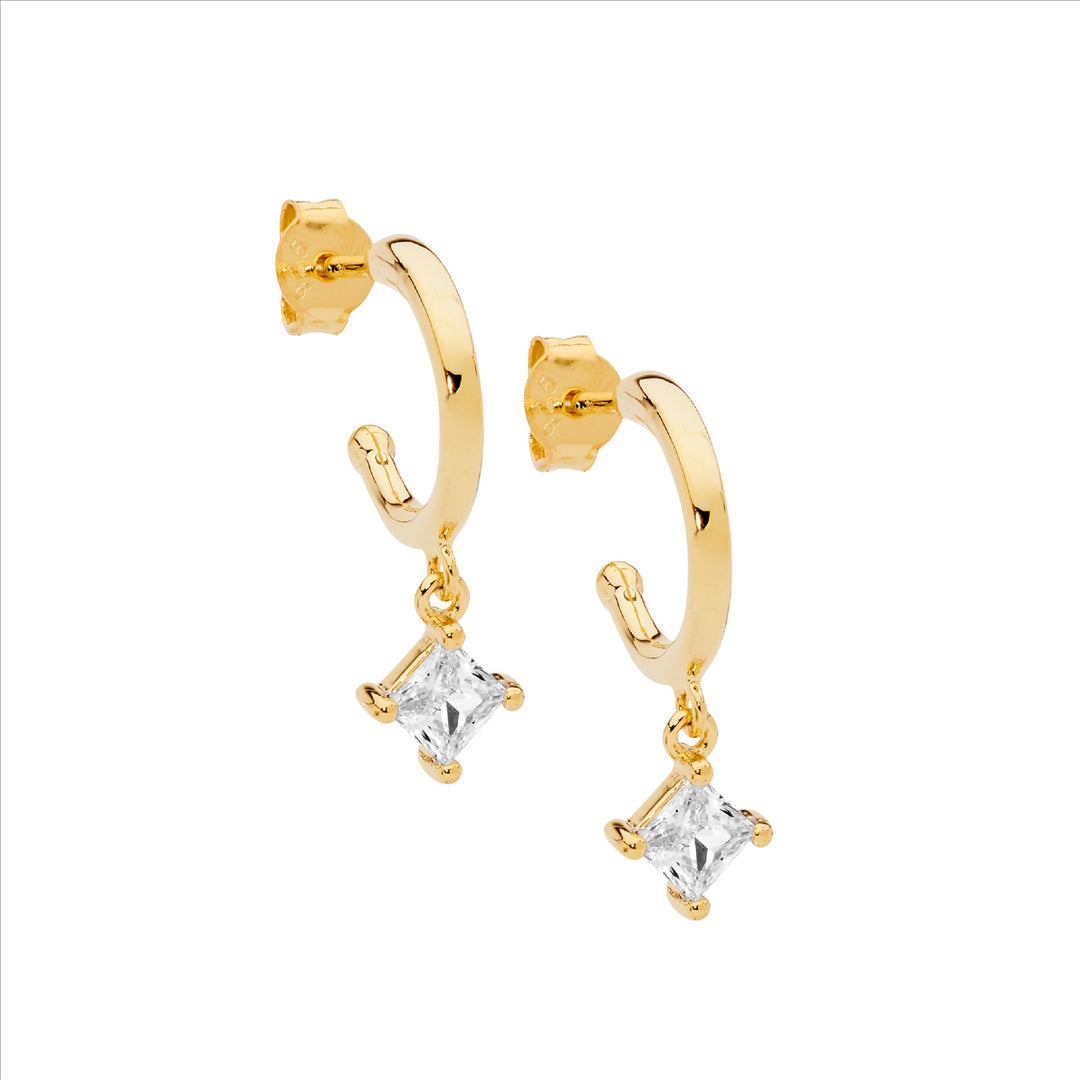 Sterling silver 13mm hoop earrings, princess cut wh cubic zirconia drop w/gold plating