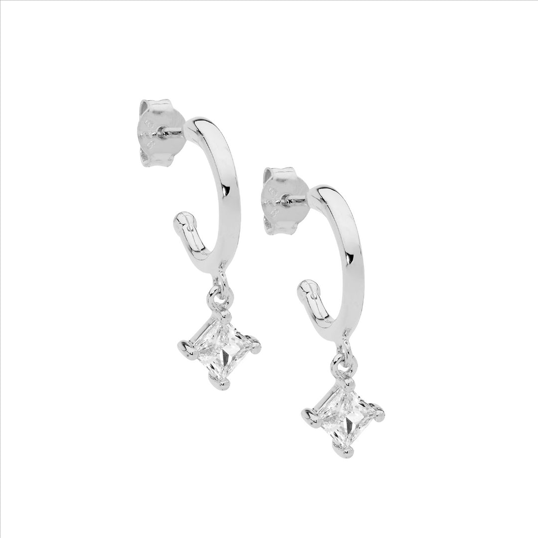 Sterling silver 13mm hoop earrings, princess cut wh cubic zirconia drop
