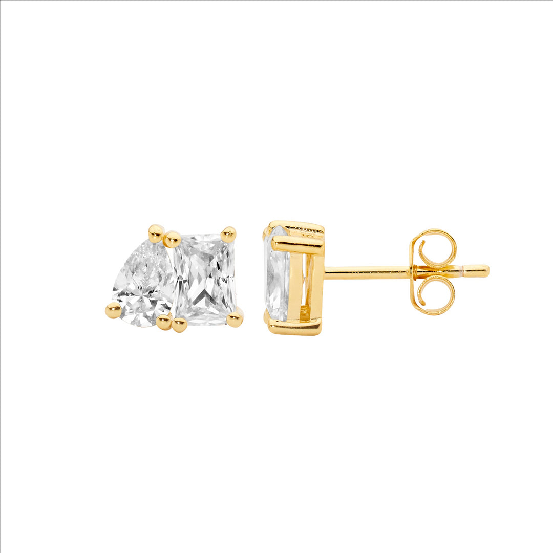 Sterling silver emerald & pear cut wh cubic zirconia stud earrings w/gold plating - rrp $89