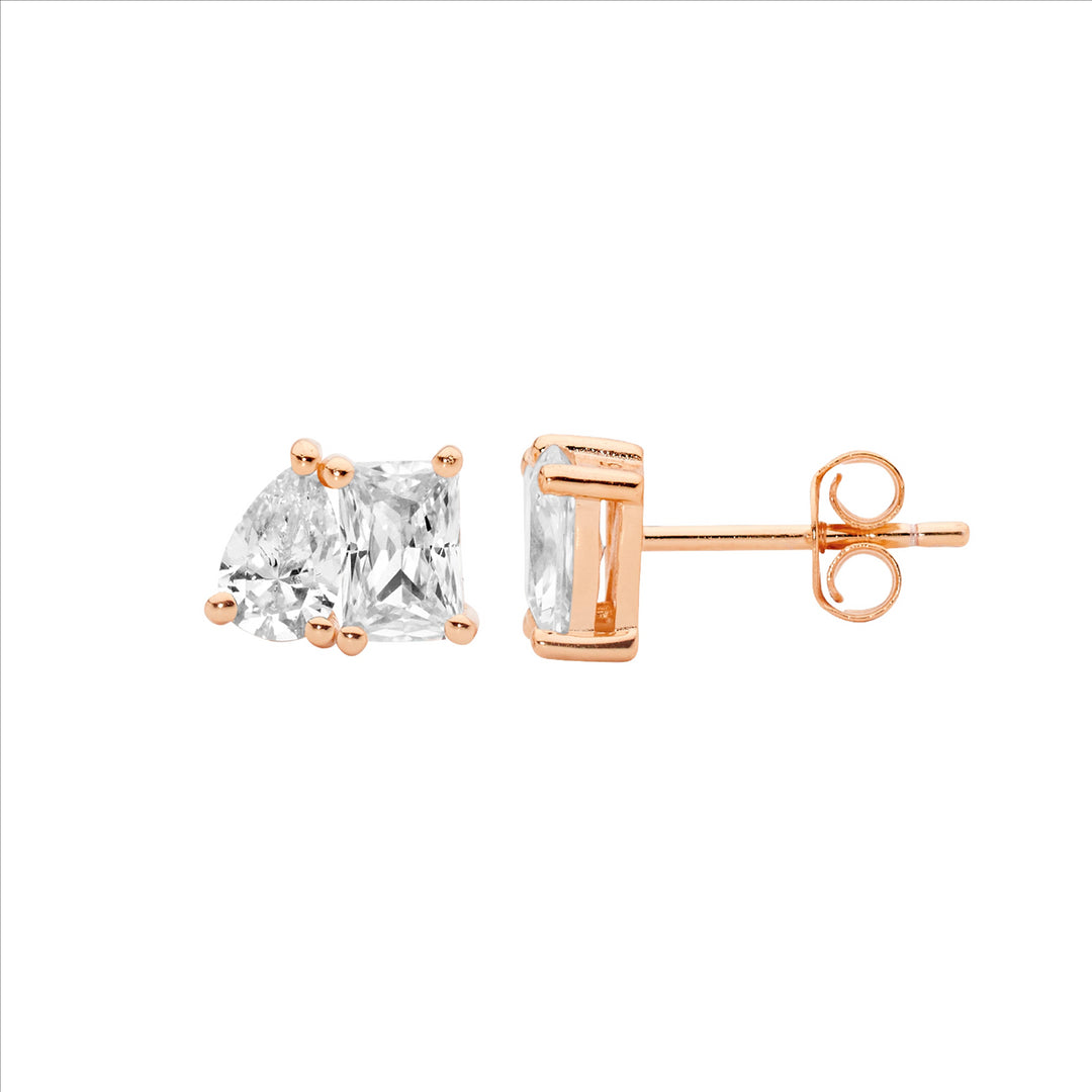 Sterling silver emerald & pear cut wh cubic zirconia stud earrings w/rose gold plating - rrp $89
