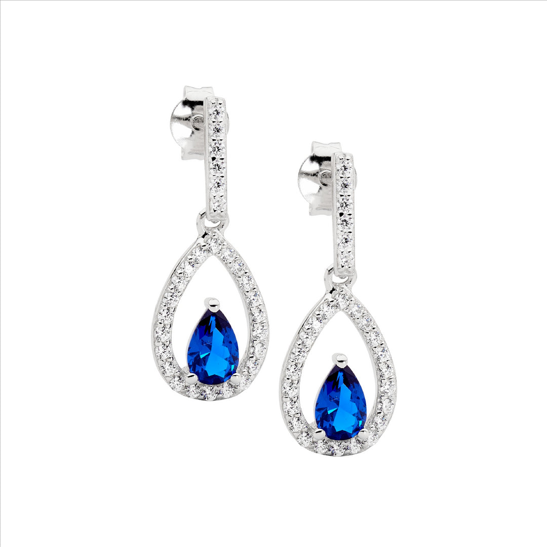 Sterling silver wh cubic zirconia open pear w/ dark blue pear cubic zirconia centre drop earrings