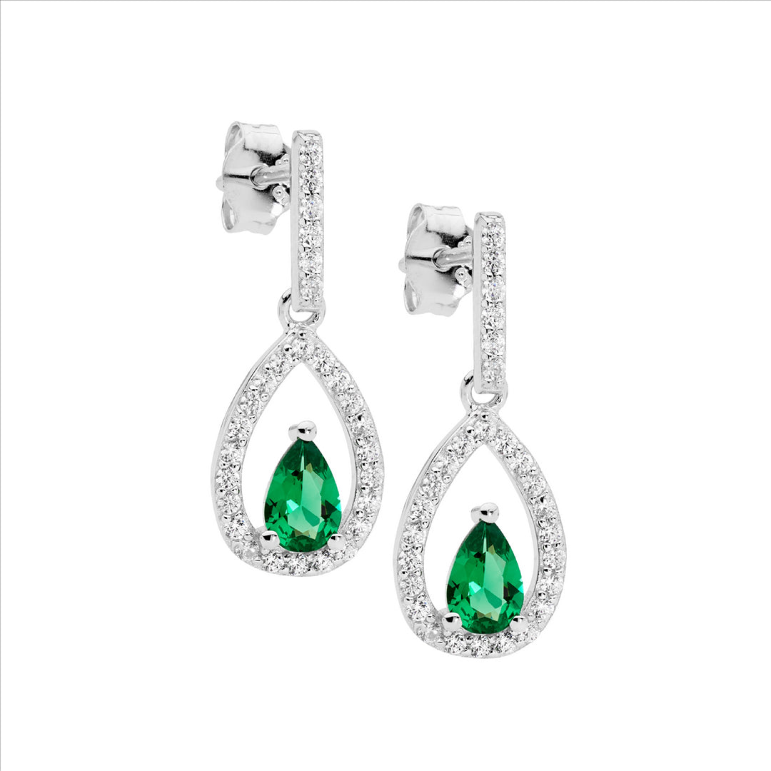 Sterling silver wh cubic zirconia open pear w/ green pear cubic zirconia centre drop earrings - rrp $129