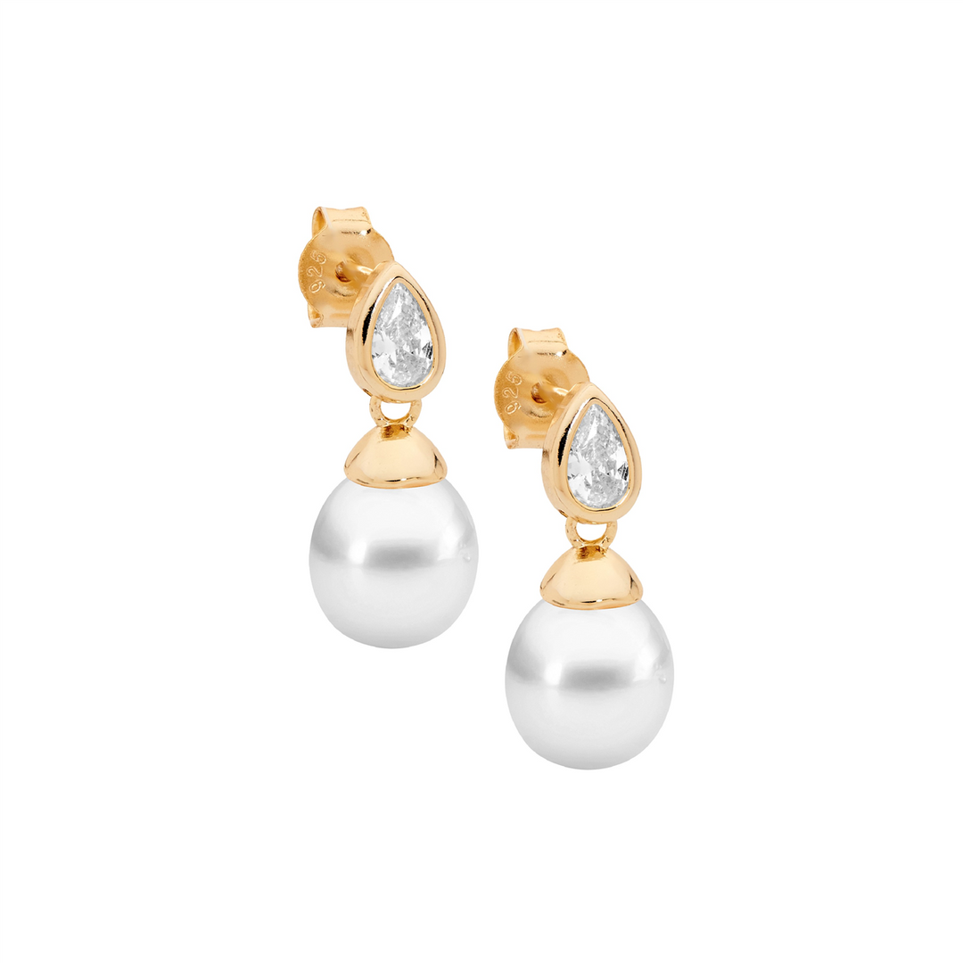 SS bezel wh cz pear, freshwater pearl earrings w/gold plating