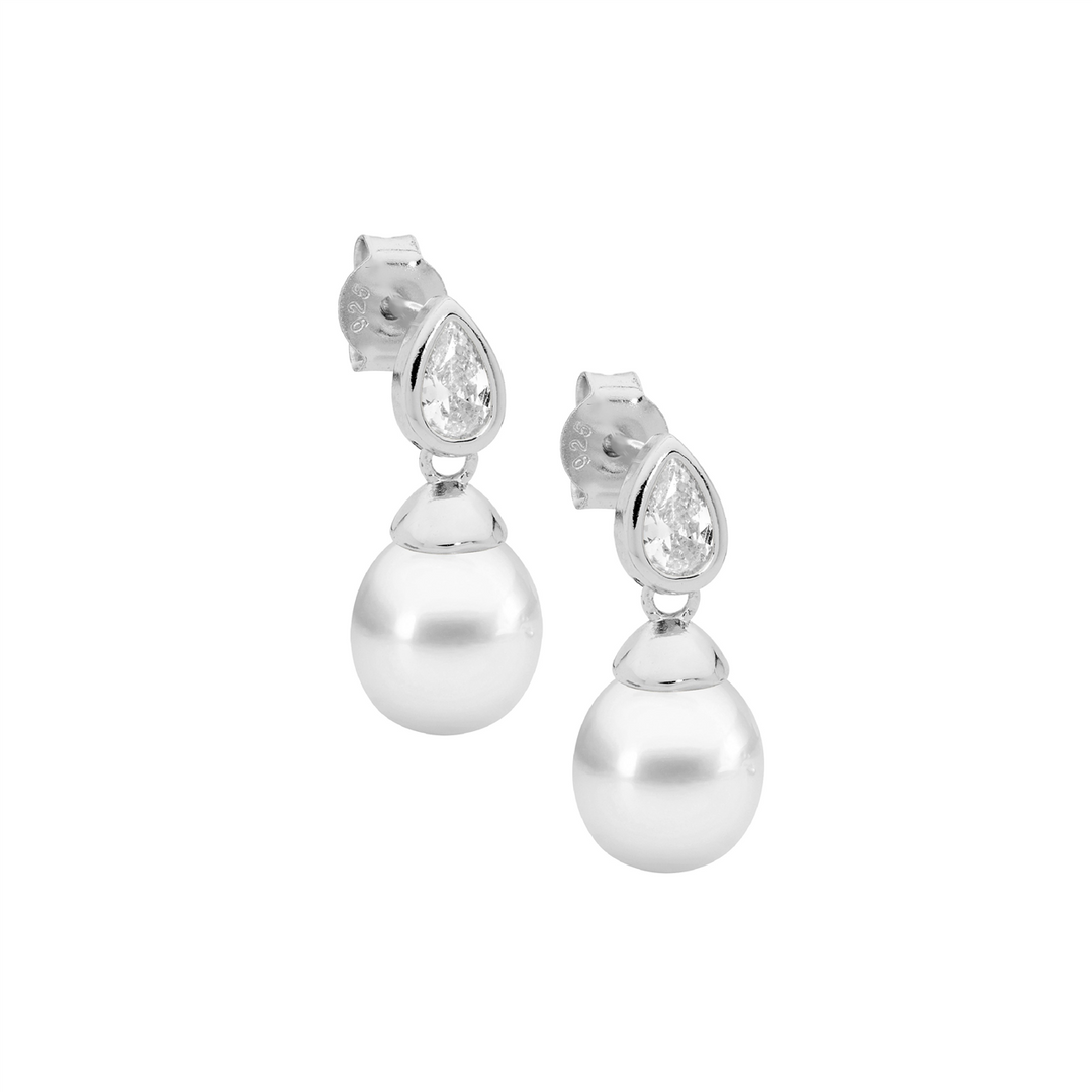 SS bezel wh cz pear, freshwater pearl earrings