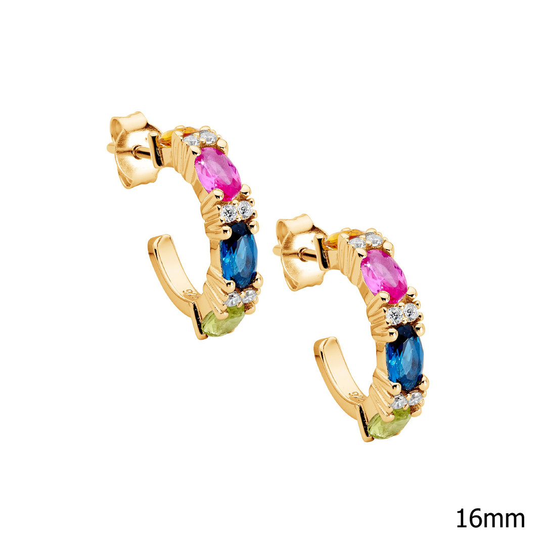 SS multi colour oval & wh rnd cz 16mm hoop earrings, gold plating