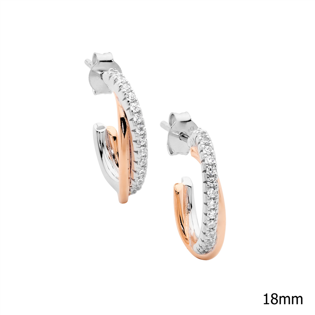 SS 18mm cross over oval hoop earrings, 1x wh cz 1x rose gold plating