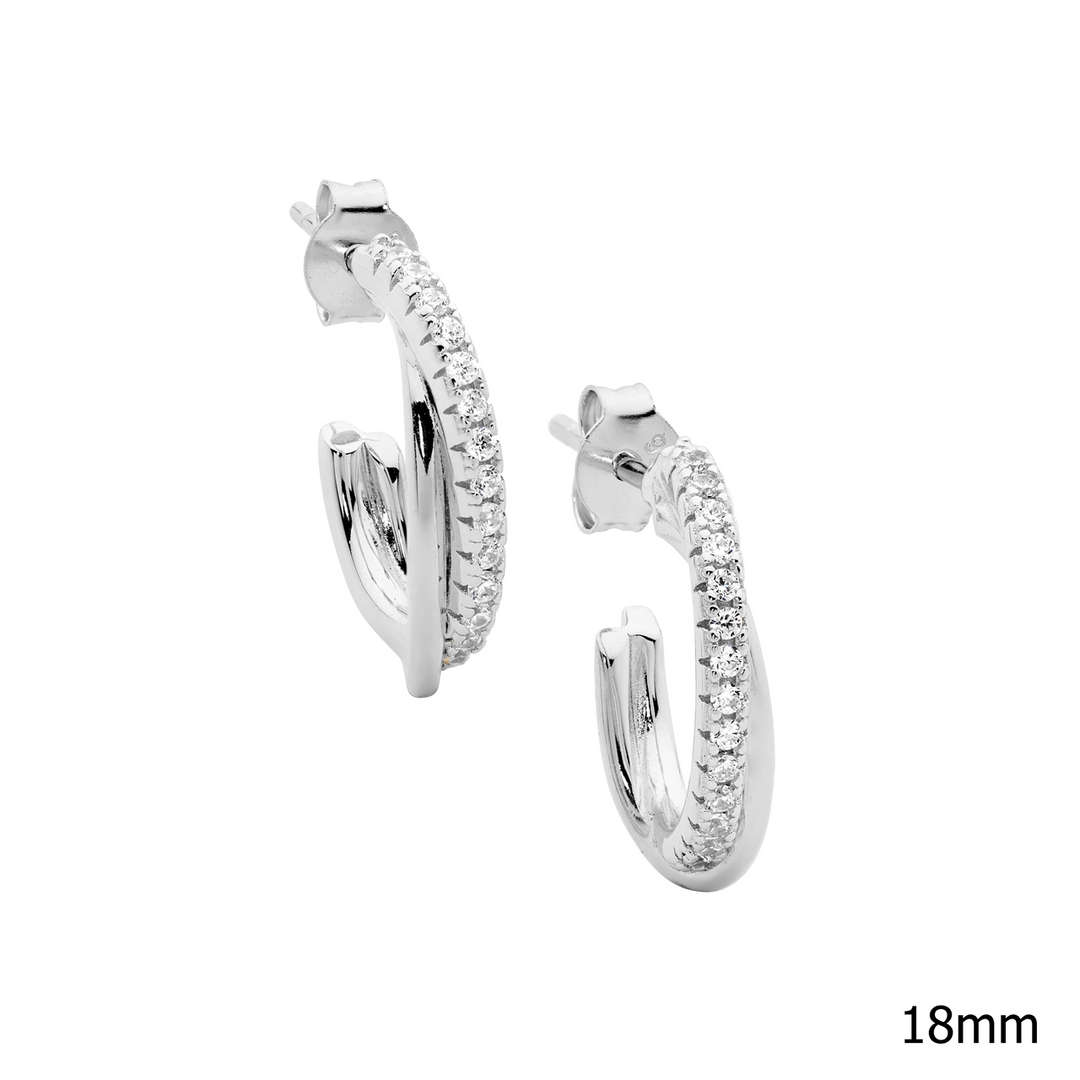 SS 18mm cross over oval hoop earrings 1x wh cz