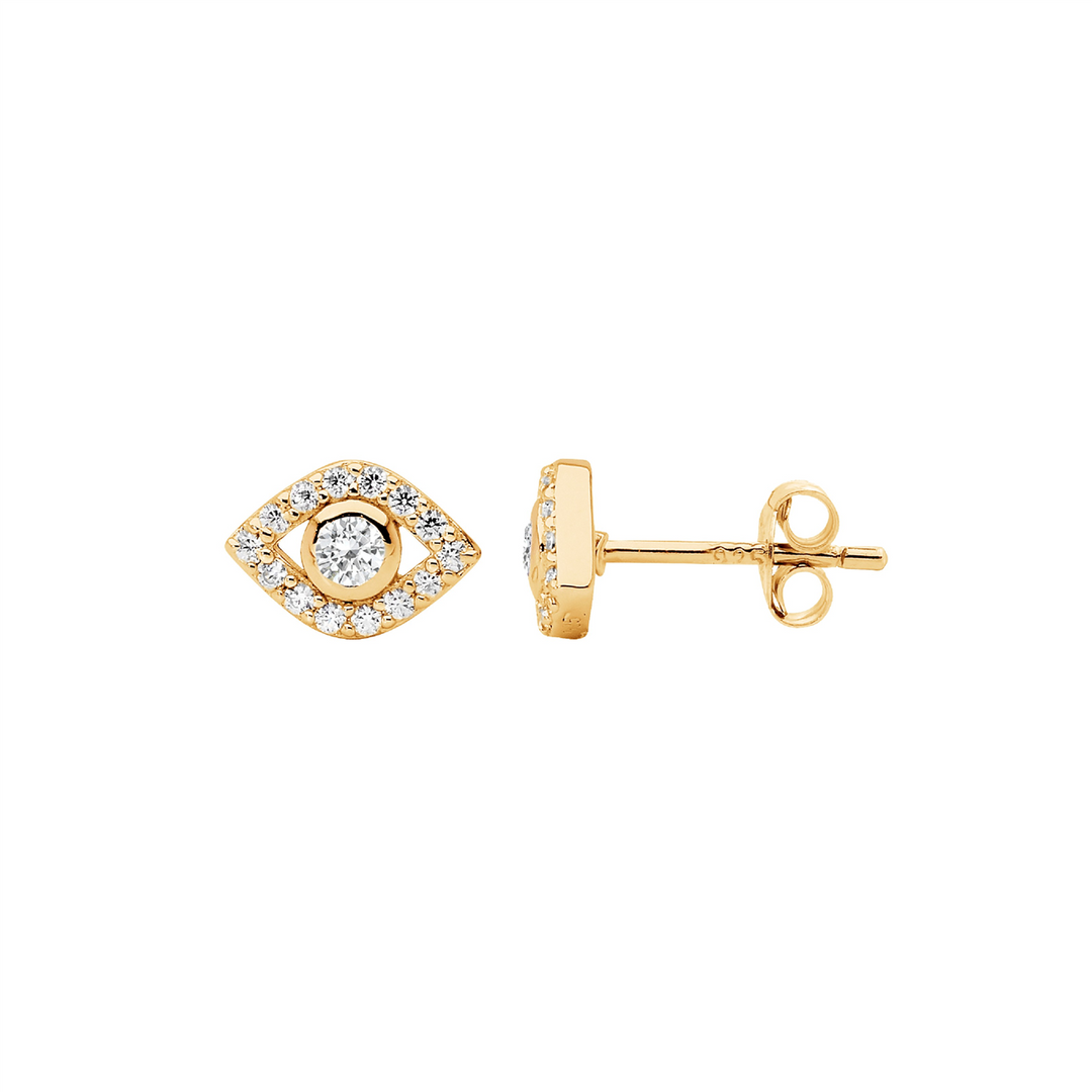 SS wh cz bezel set evil eye earrings w/gold plating