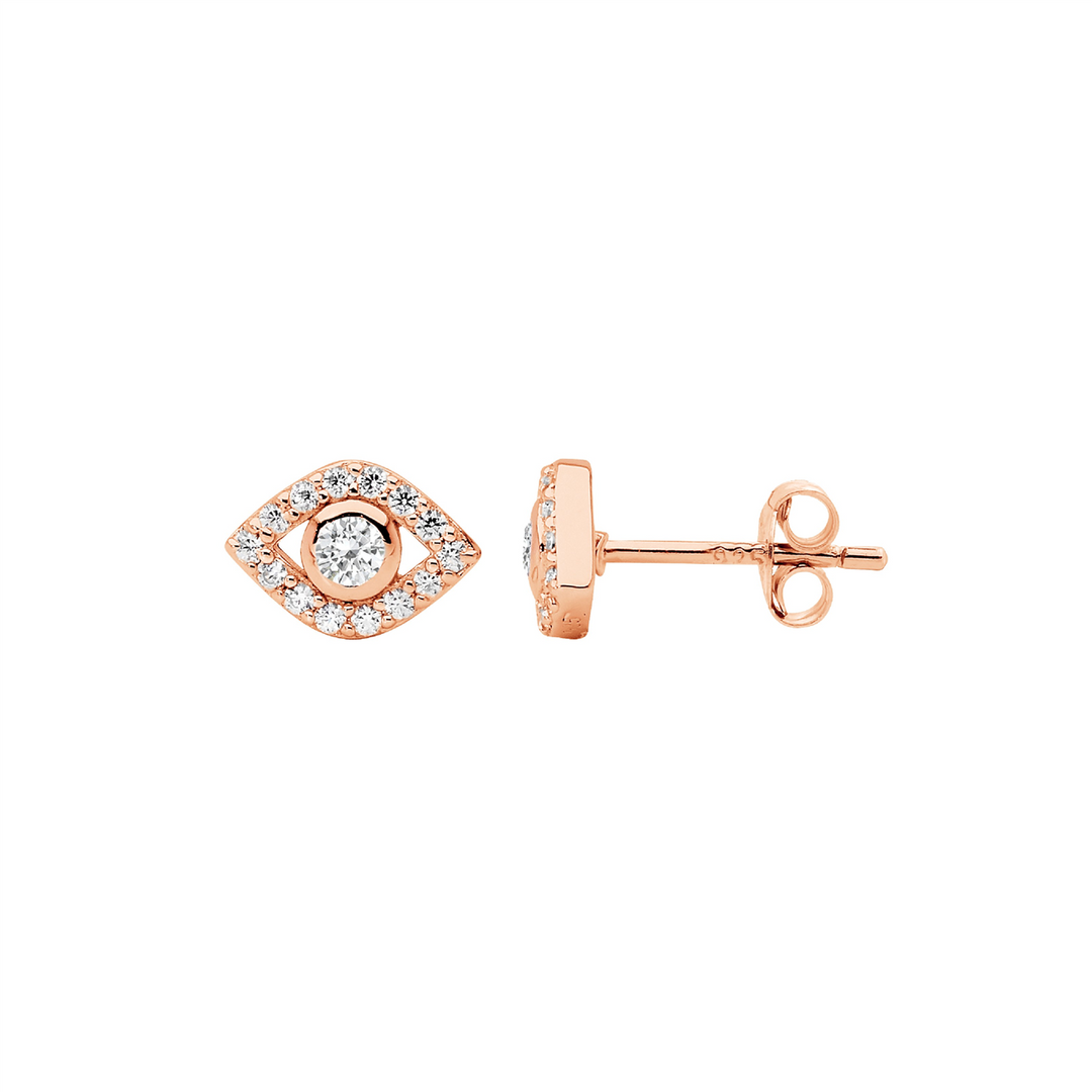 SS wh cz bezel set evil eye earrings w/rose gold plating