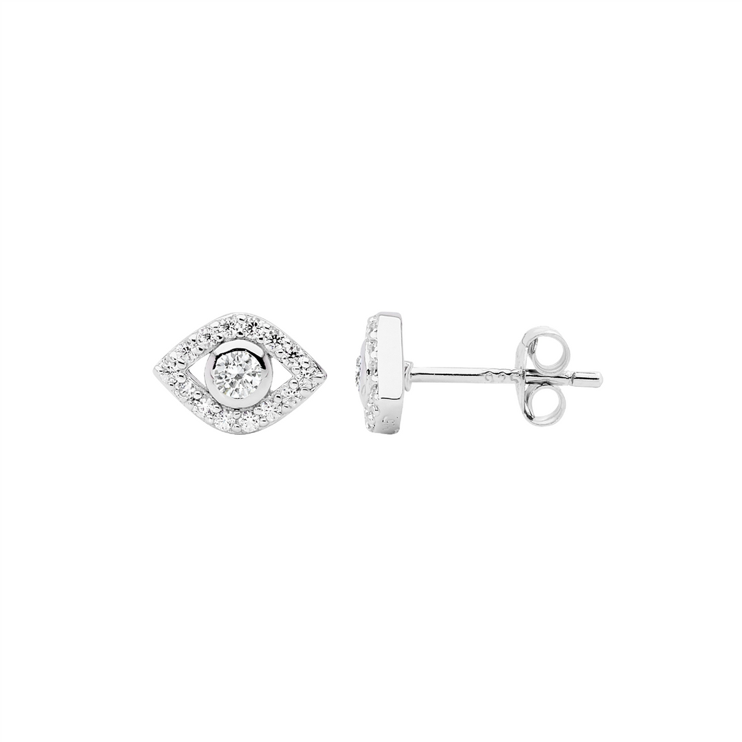 SS wh cz bezel set evil eye earrings