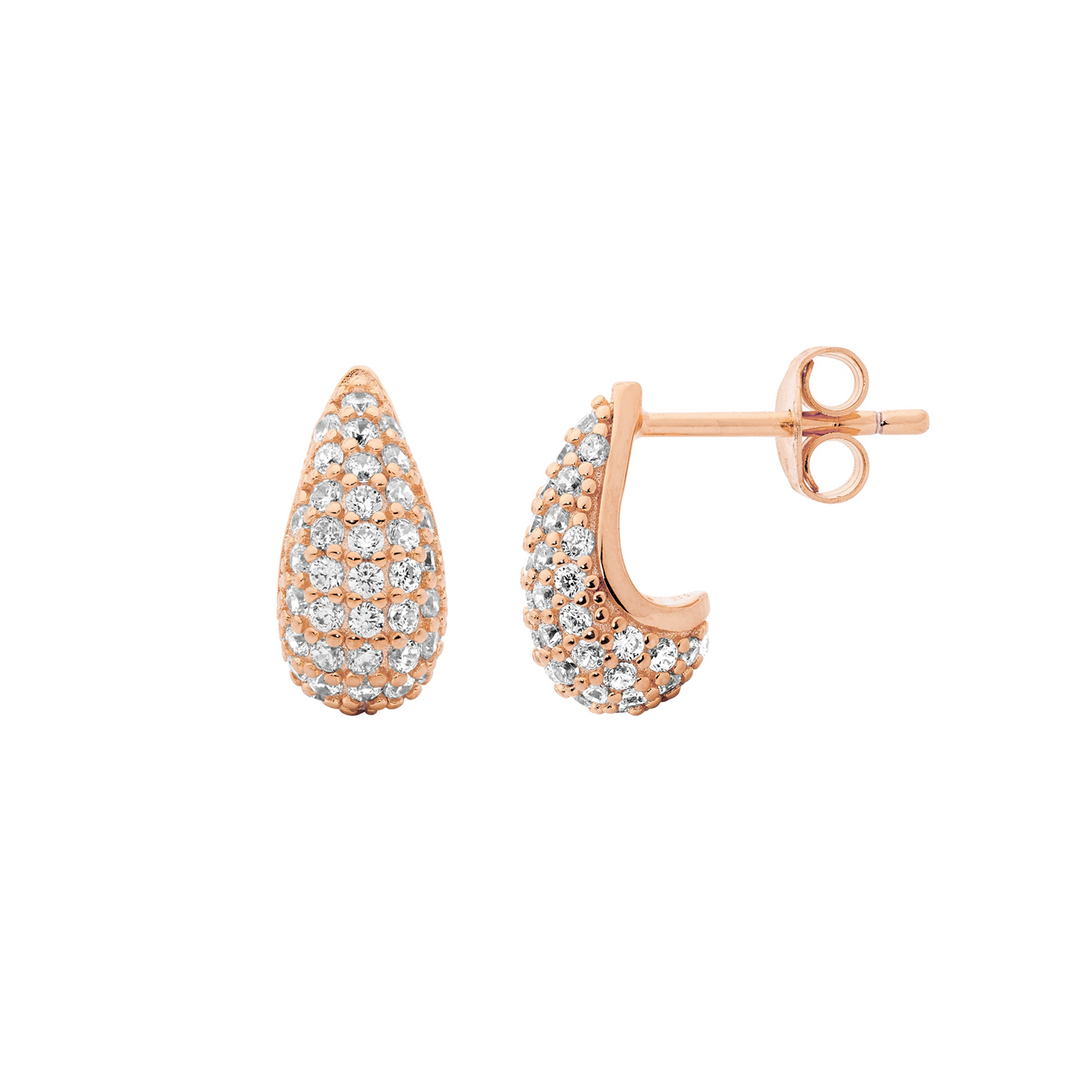 SS wh cz pave 12mm tear drop earrings w/rose gold plating