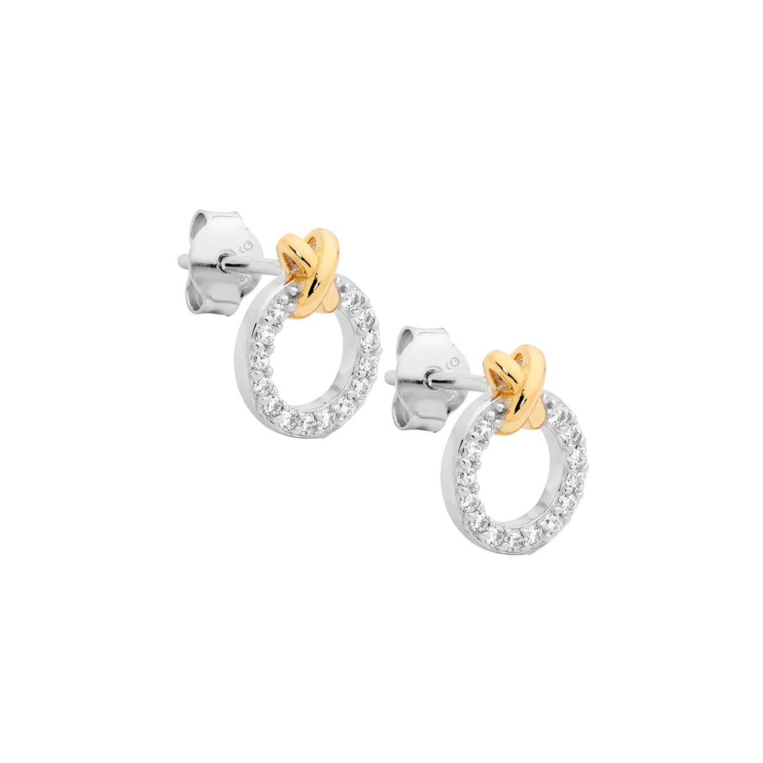SS wh cz 9mm circle w/gold plated x earrings