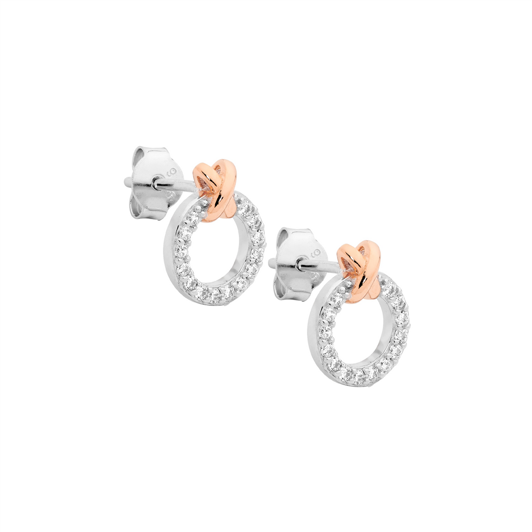 SS wh cz 9mm circle w/rose gold plated x earrings