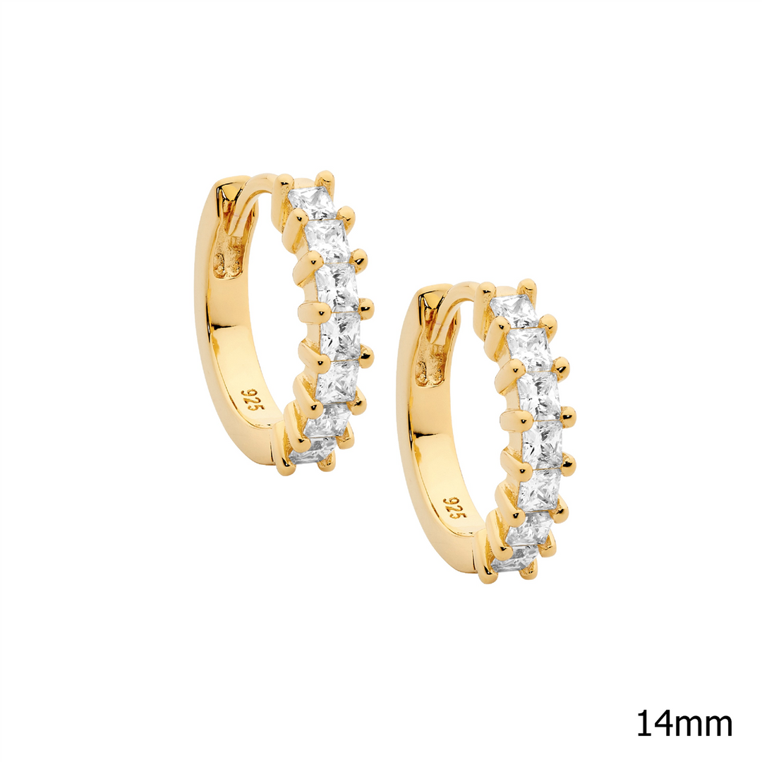 SS wh cz princess cut 14mm hoop earrings w/gold plating