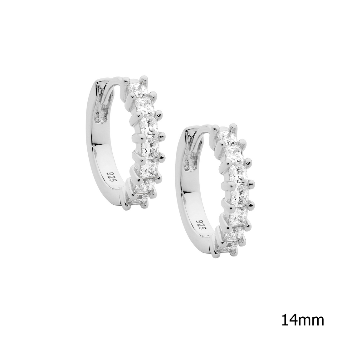 SS wh cz princess cut 14mm hoop earrings