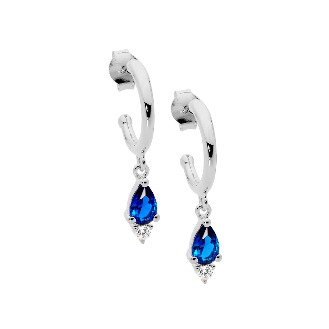SS 13mm hoop earrings, dk blue pear & wh rnd cz drop