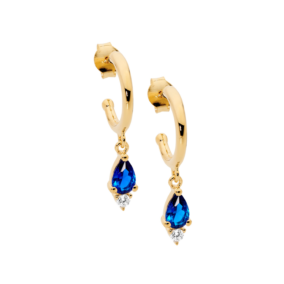 SS 13mm hoop earrings, dk blue pear & wh rnd cz drop w/gold plating