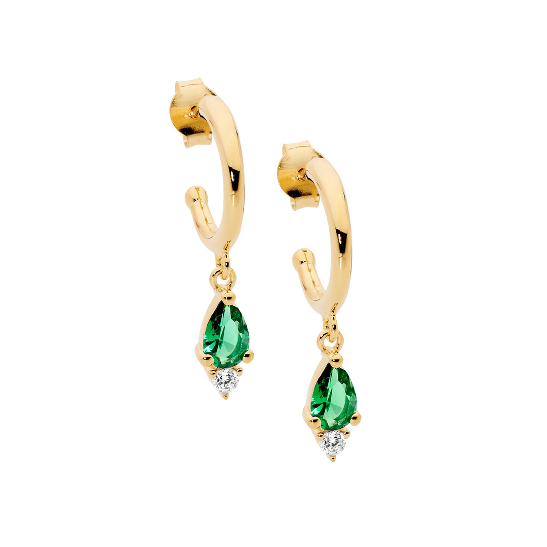 SS 13mm hoop earrings, green pear & wh rnd cz drop w/gold plating