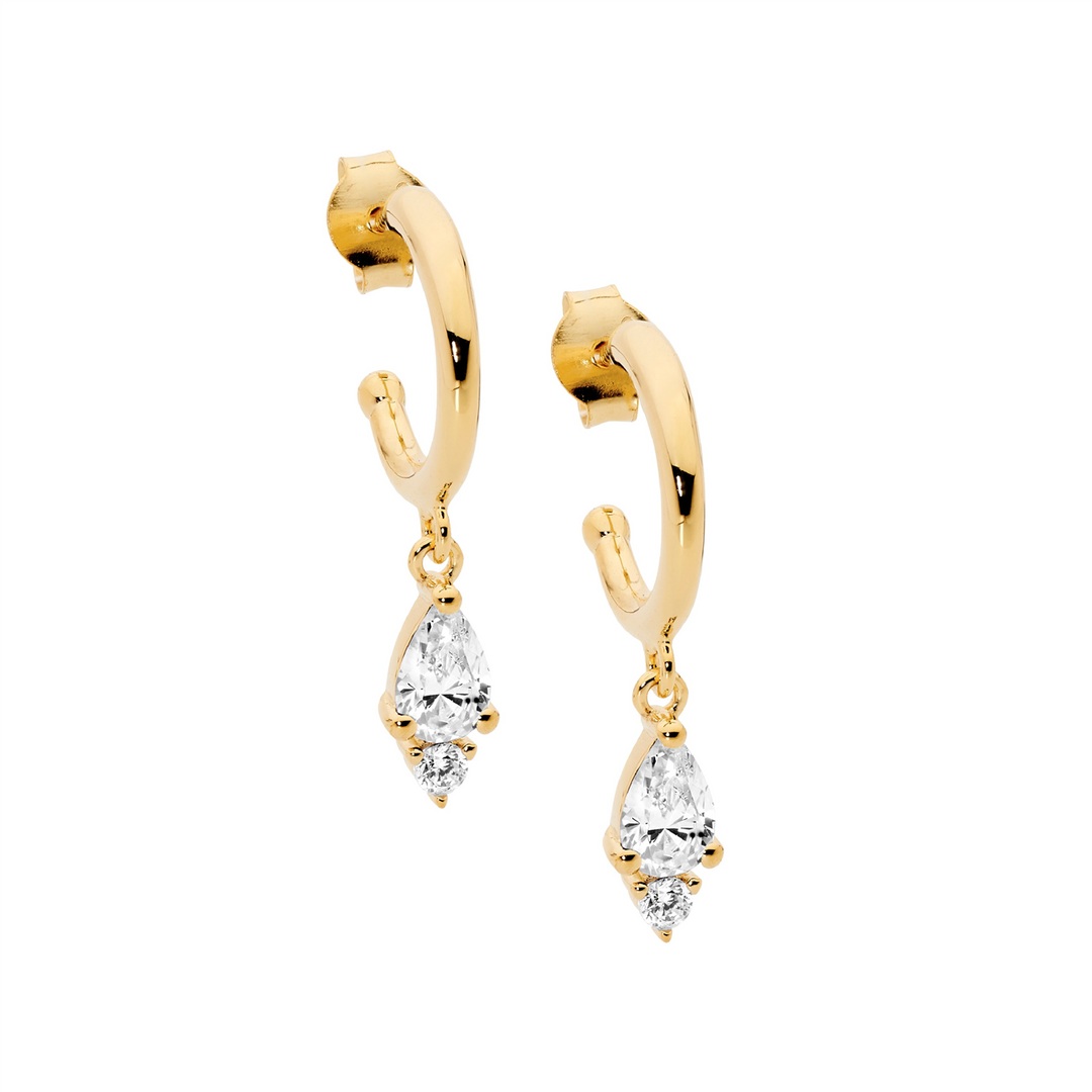 SS 13mm hoop earrings, pear & rnd wh cz drop w/gold plating