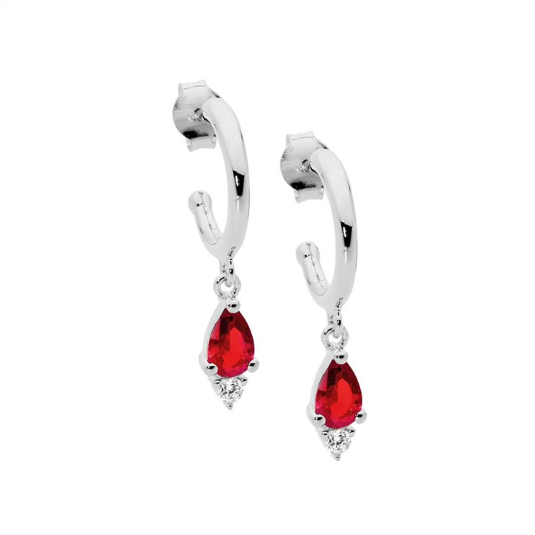 SS 13mm hoop earrings, red pear & wh rnd cz drop