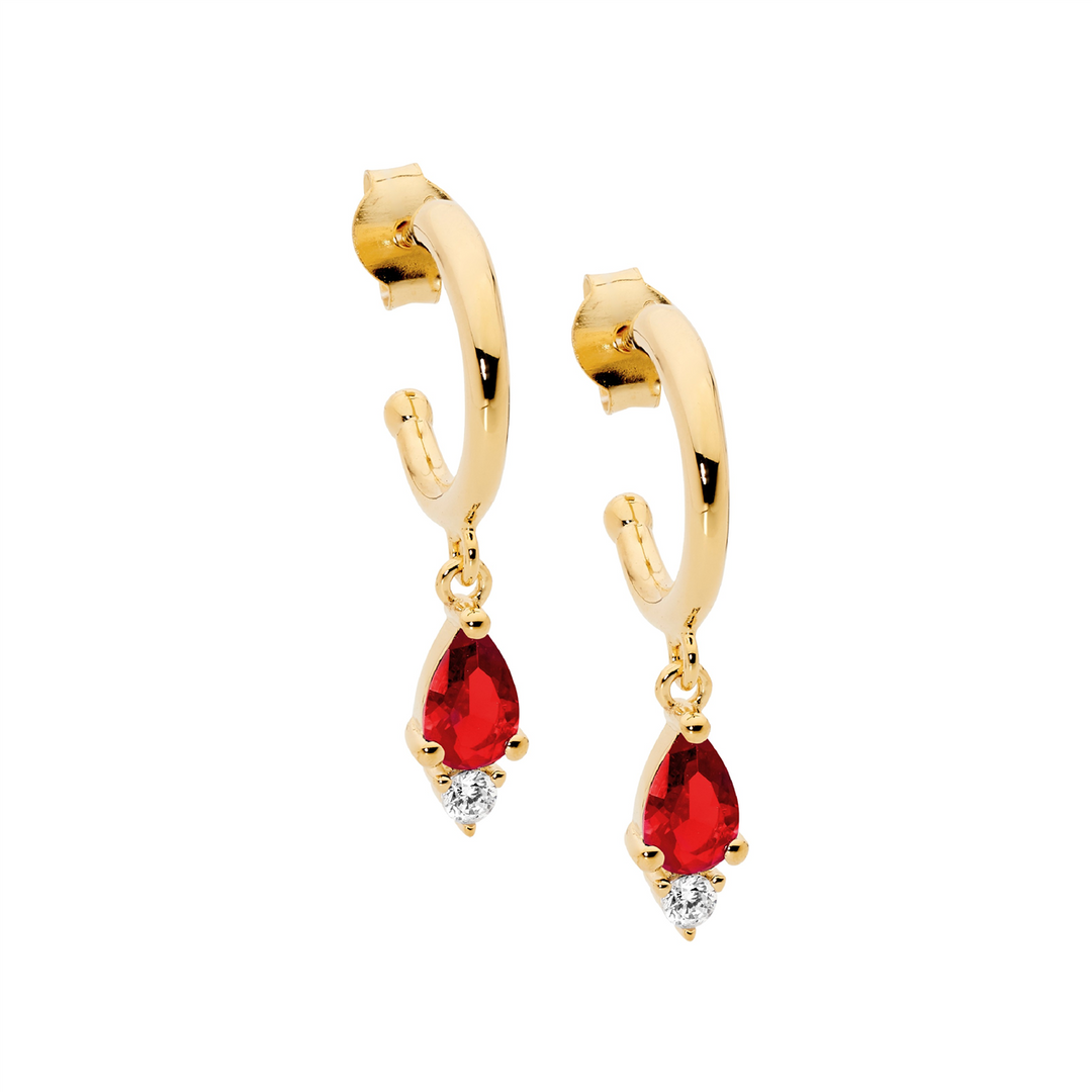 SS 13mm hoop earrings, red pear & wh rnd cz drop w/gold plating