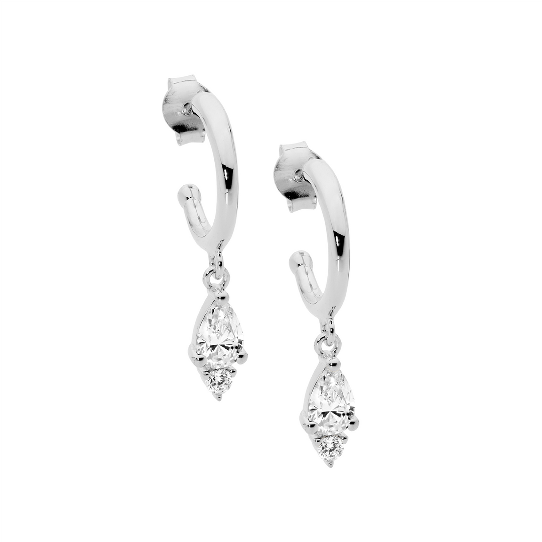 SS 13mm hoop earrings, pear & rnd wh cz drop