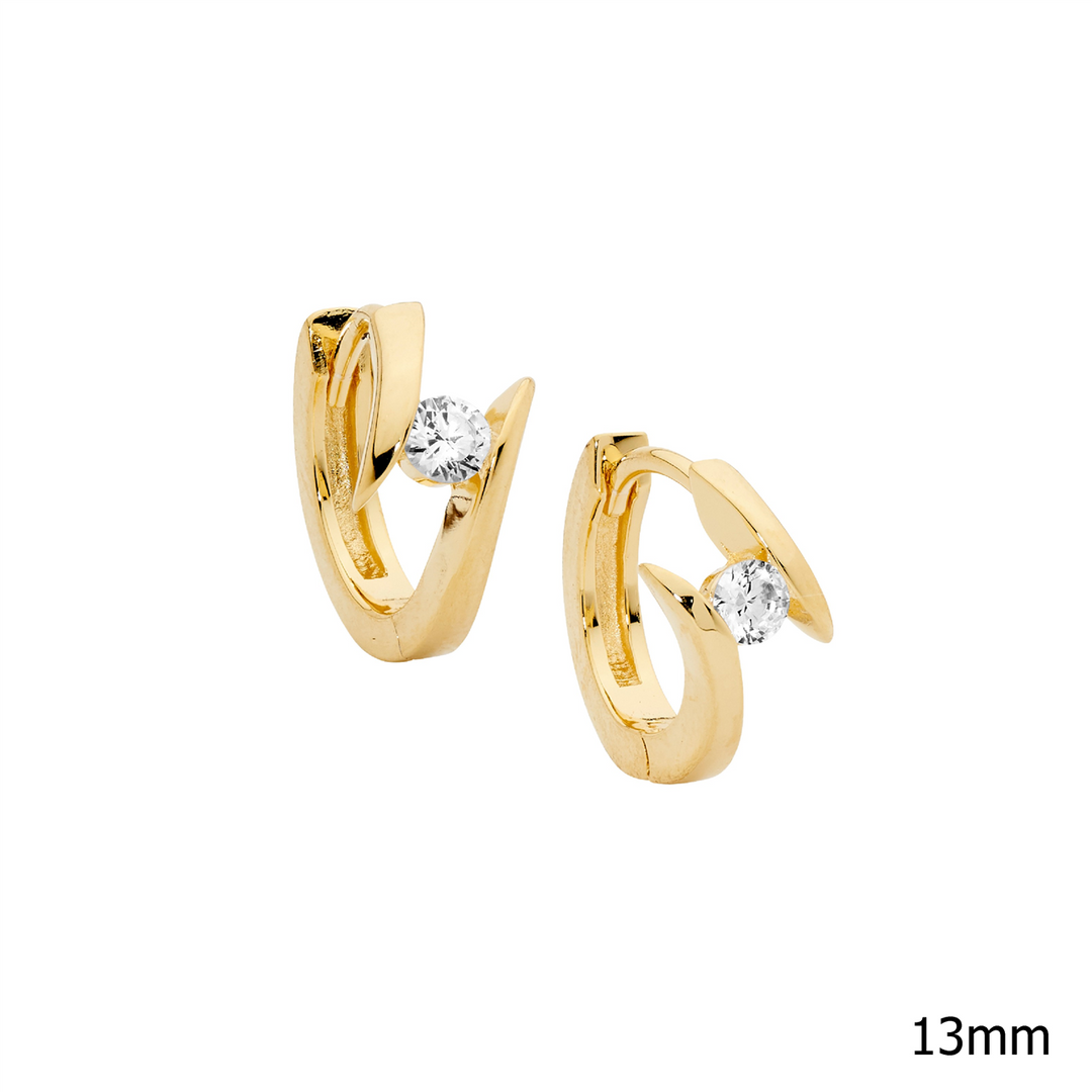 SS 13mm huggie earrings w/ single wh cz & gold plating