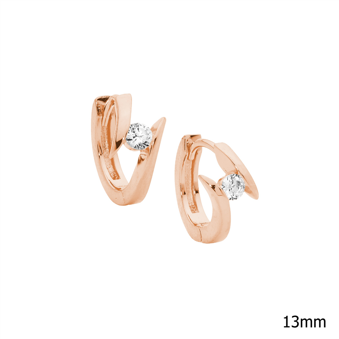 SS 13mm huggie earrings w/ single wh cz & rose gold plating