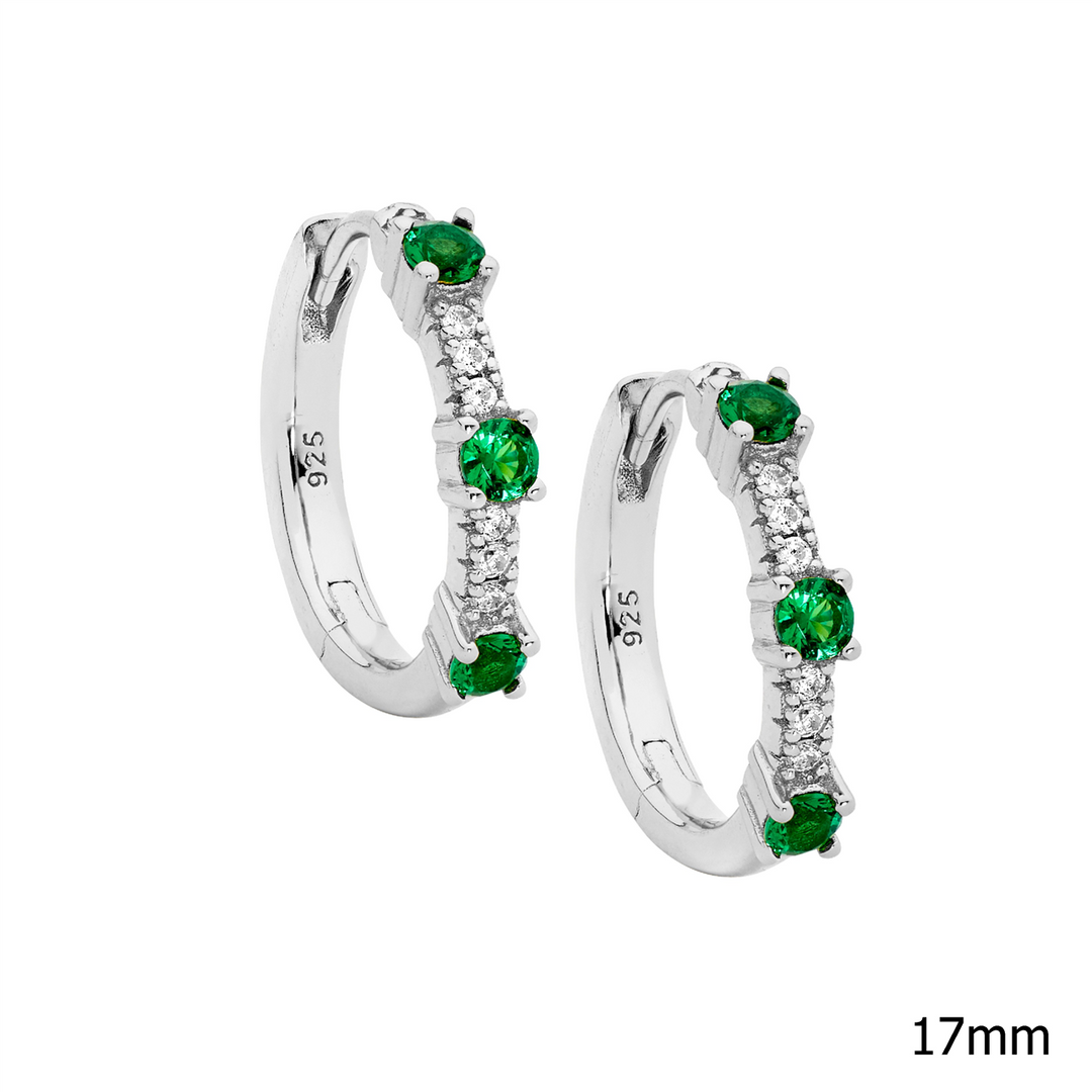 SS 17mm wh cz huggie earrings w/ 3x raised green cz
