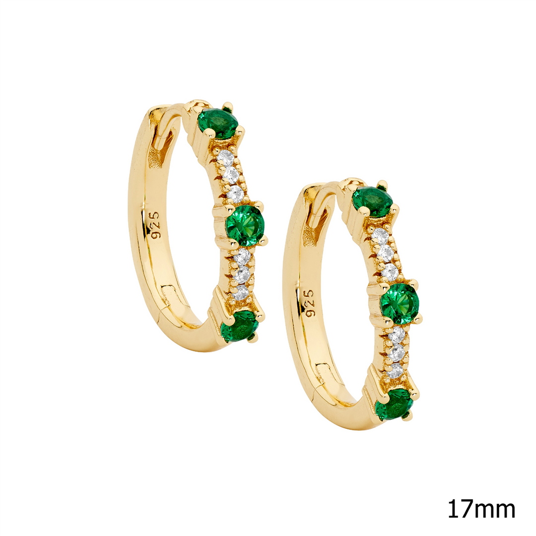 SS 17mm wh cz huggie earrings w/ 3 x raised green cz, gold plating