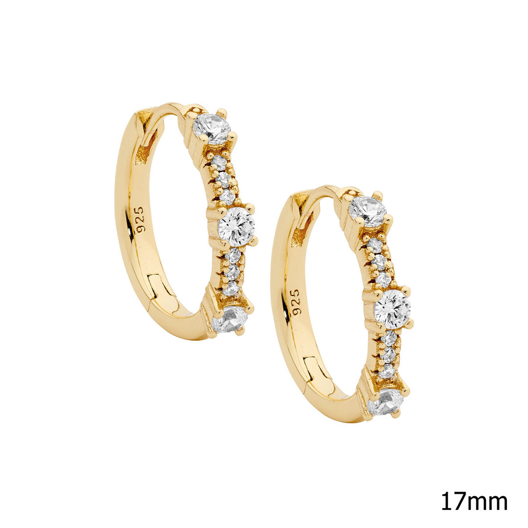 SS 17mm wh cz huggie earrings w/ 3x raised wh cz, gold plating