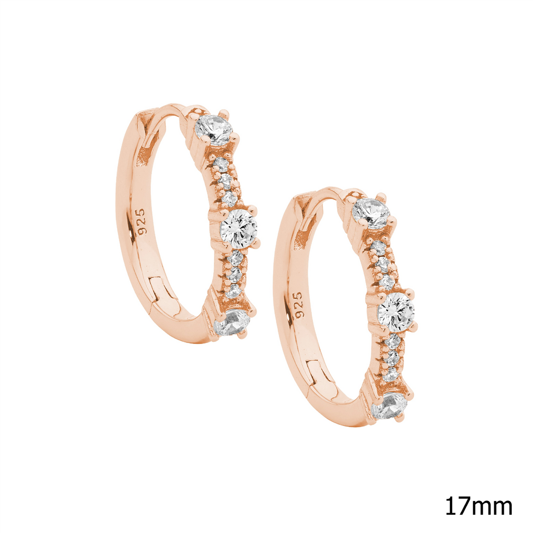 SS 17mm wh cz huggie earrings w/ 3x raised wh cz, rose gold plating