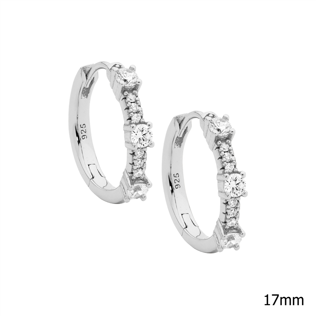 SS 17mm wh cz huggie earrings w/ 3x raised wh cz