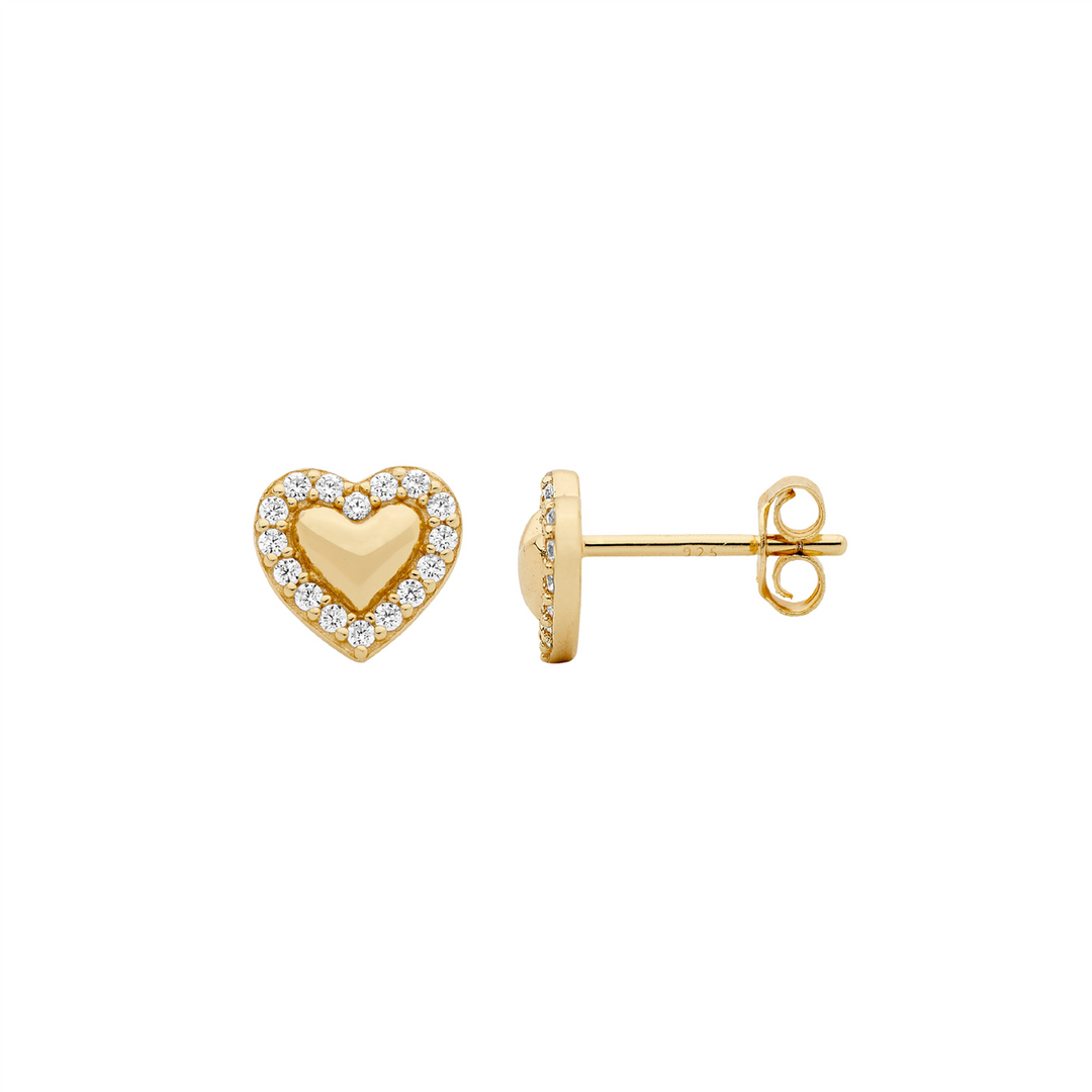 SS 8mm heart earrings w/ wh cz surround & gold plating