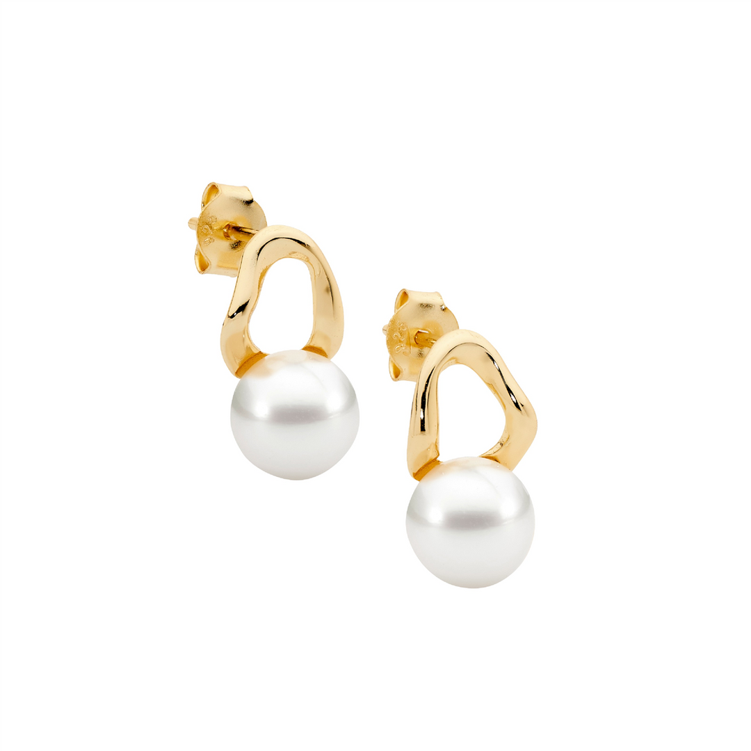 SS open wave oval earrings w/freshwater pearl, gold plating