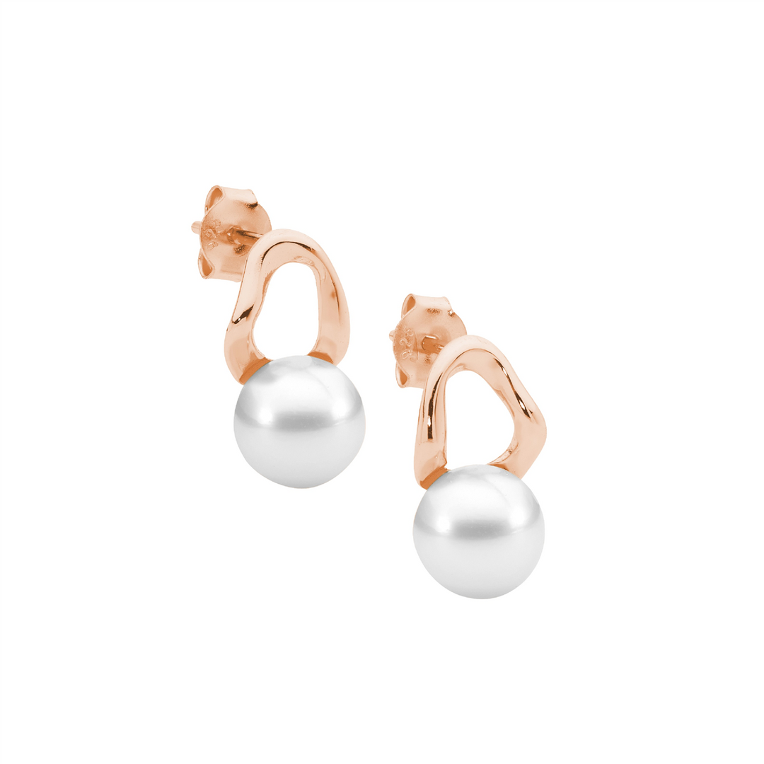 SS open wave oval earrings w/freshwater pearl, rose gold plating