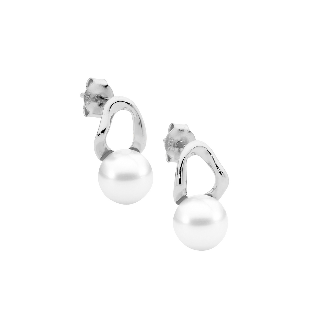 SS open wave oval earrings w/freshwater pearl