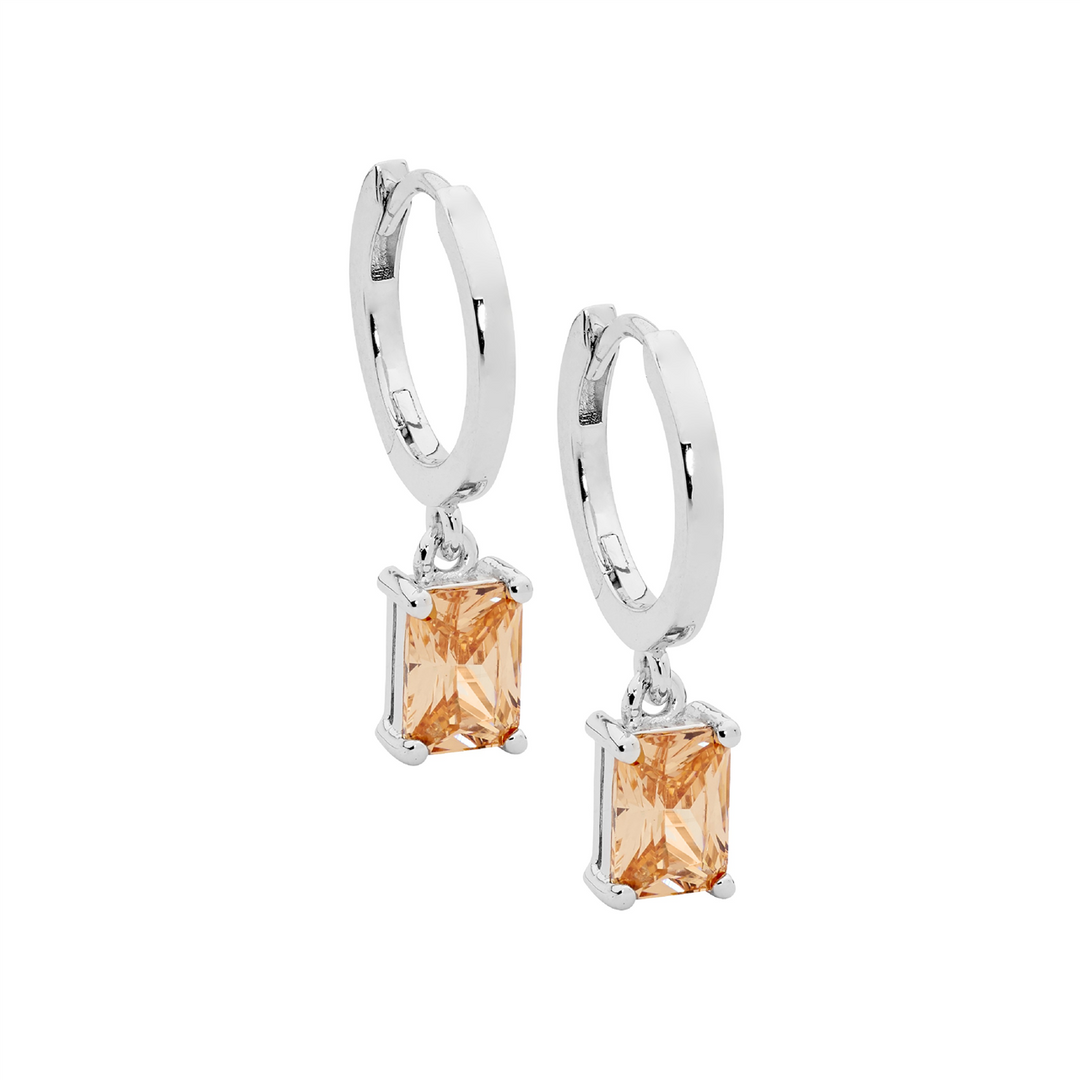 SS 13mm huggie earrings w/ 5x7 radiant champagne cz drop