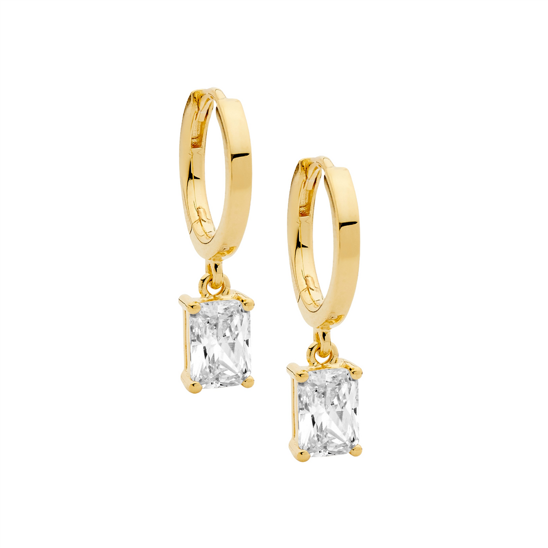 SS 13mm huggie earrings w/ 5x7 radiant wh cz drop, gold plating