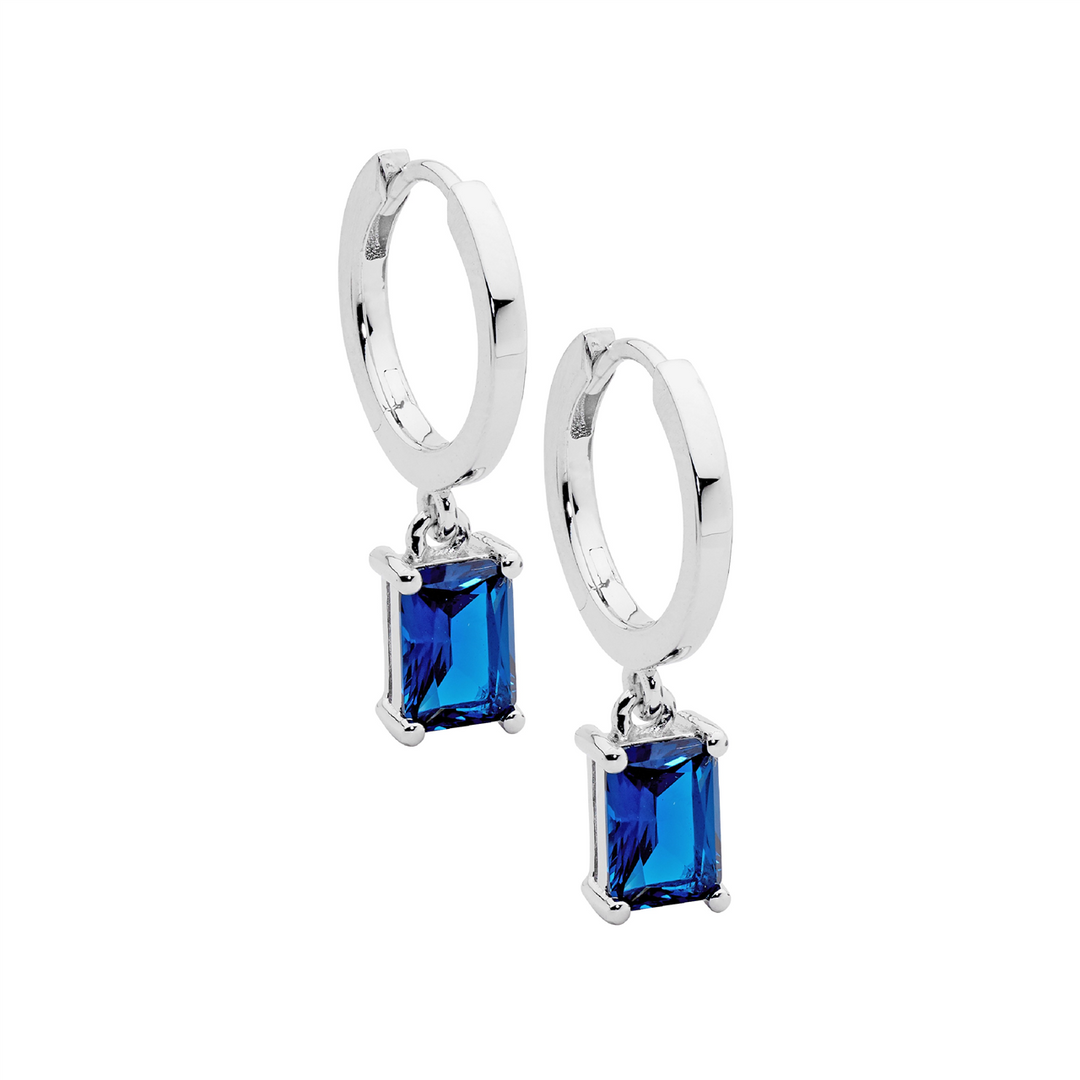 SS 13mm huggie earrings w/ 5x7 radiant london blue cz drop