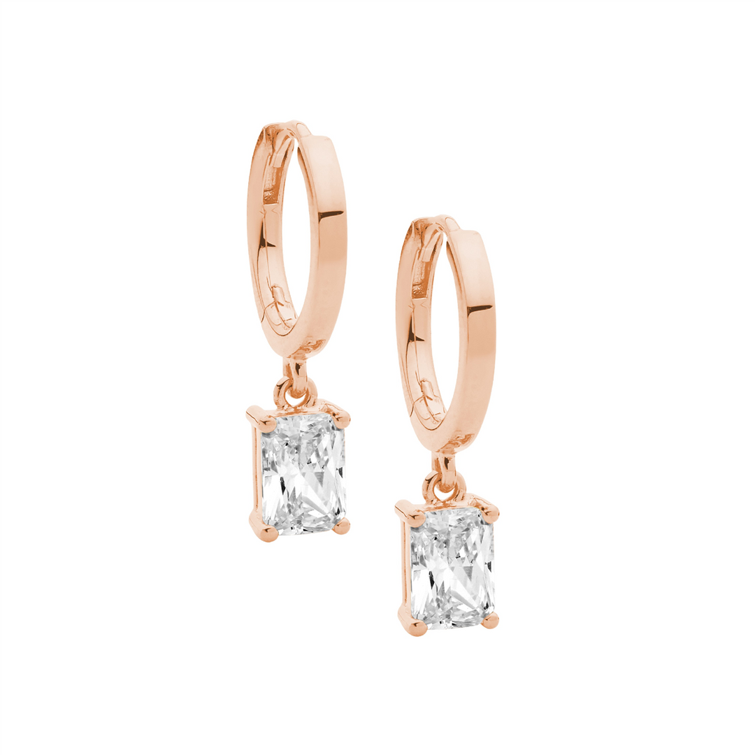 SS 13mm huggie earrings w/ 5x7 radiant wh cz drop, rose gold plating