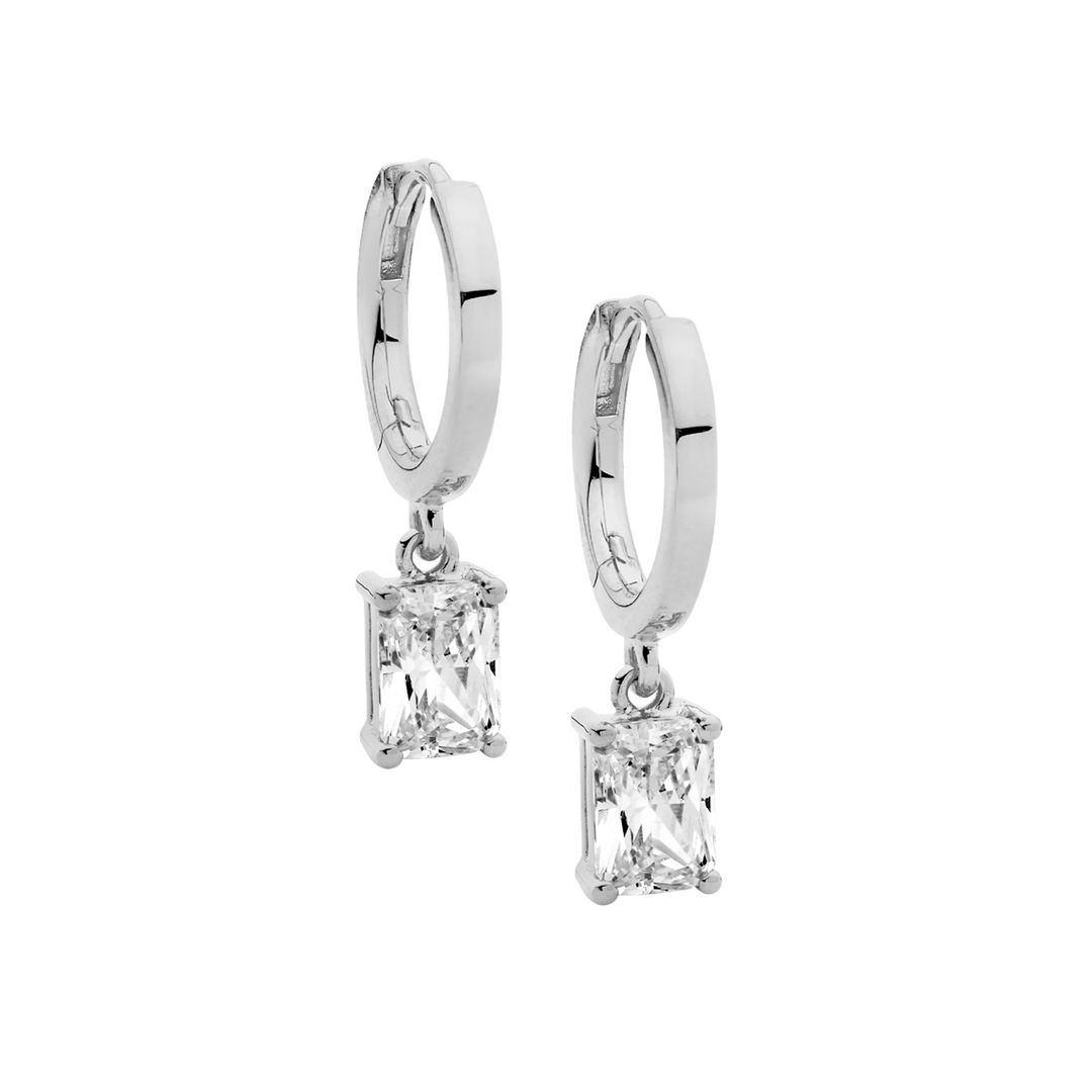 SS 13mm huggie earrings w/ 5x7 radiant wh cz drop