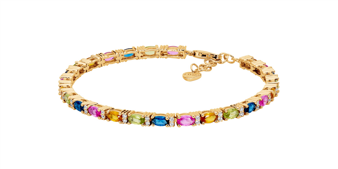 SS multi colour oval & wh rnd cz 18cm tennis bracelet, gold plating w/ext chain