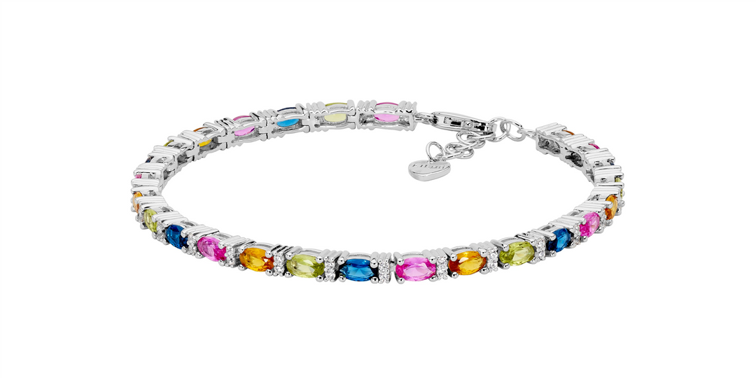 SS multi colour oval & wh rnd cz 18cm tennis bracelet w/ext chain